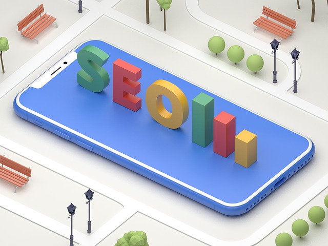SEO ve 3D provedení v parku na modré ploše displeje telefonu